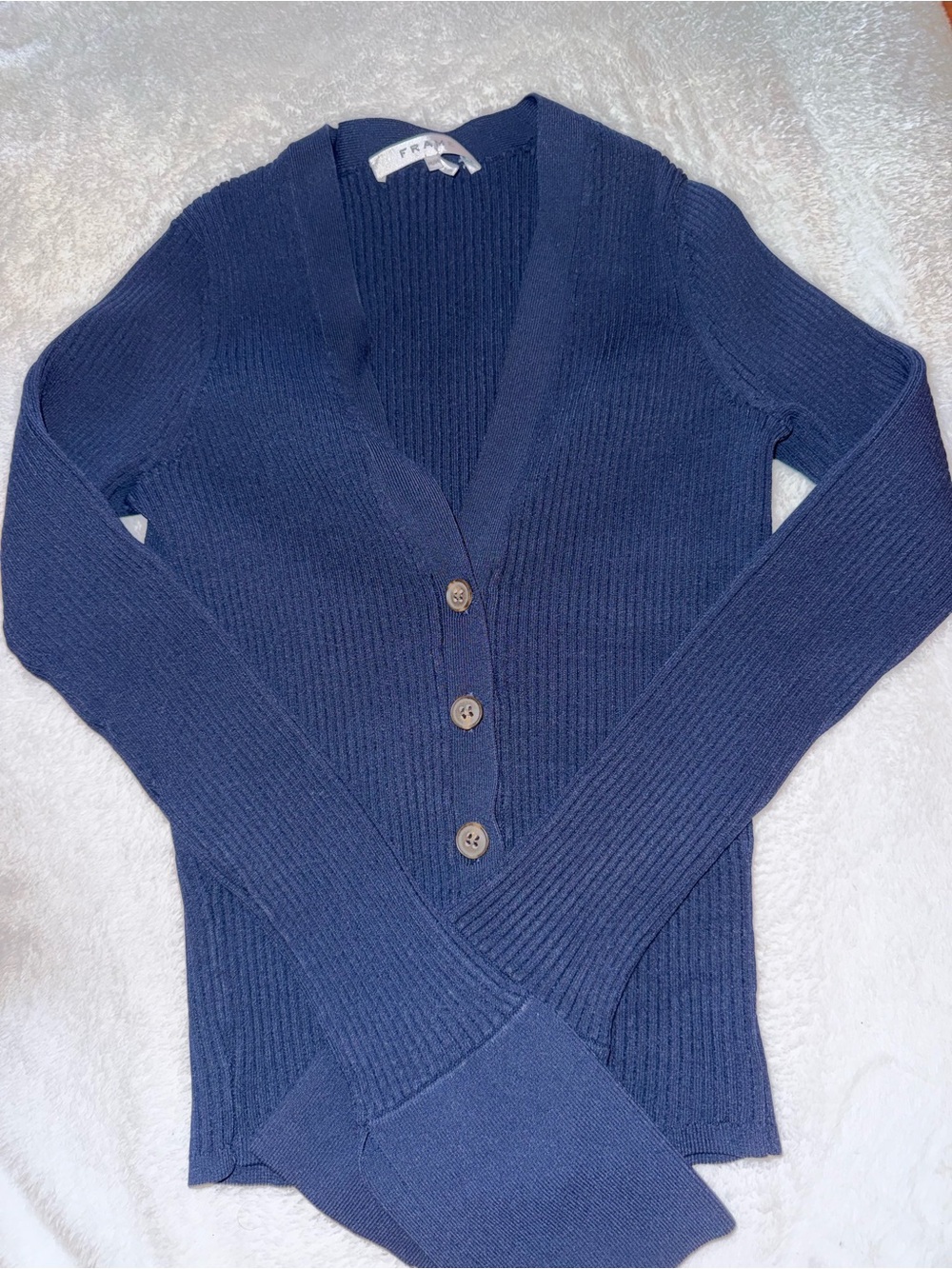 Frame Denim Navy Ribbed V-Neck Button Cardigan Sweater